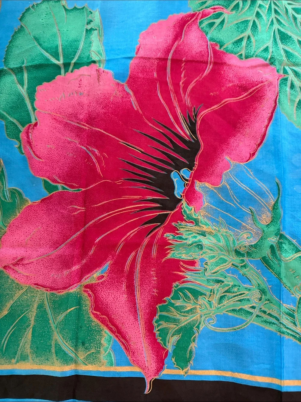 Vintage Thai silk 100% Blue Floral Square Scarf with Pink Bloom